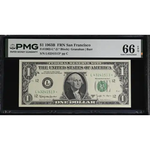 $1 1963-B. Green seal. Small Size $1 Federal Reserve Notes 1902-L* (2)