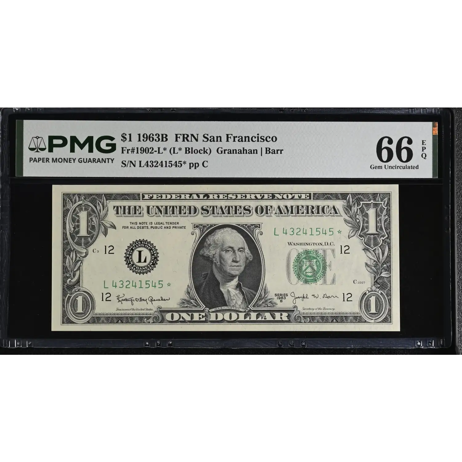 1963B $1 FRN San Francisco FR#1902-L* Granahan Barr Star Note PMG