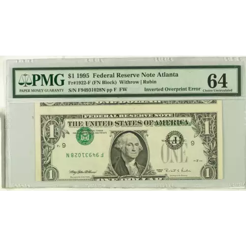 $1 1995 Green seal. Small Size $1 Federal Reserve Notes 1922-F (2)