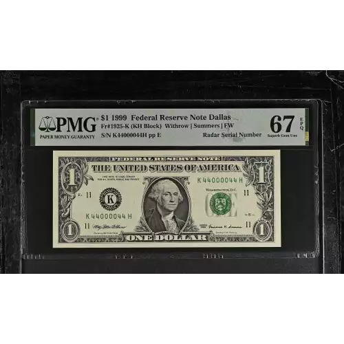 $1 1999 Green seal. Small Size $1 Federal Reserve Notes 1925-K