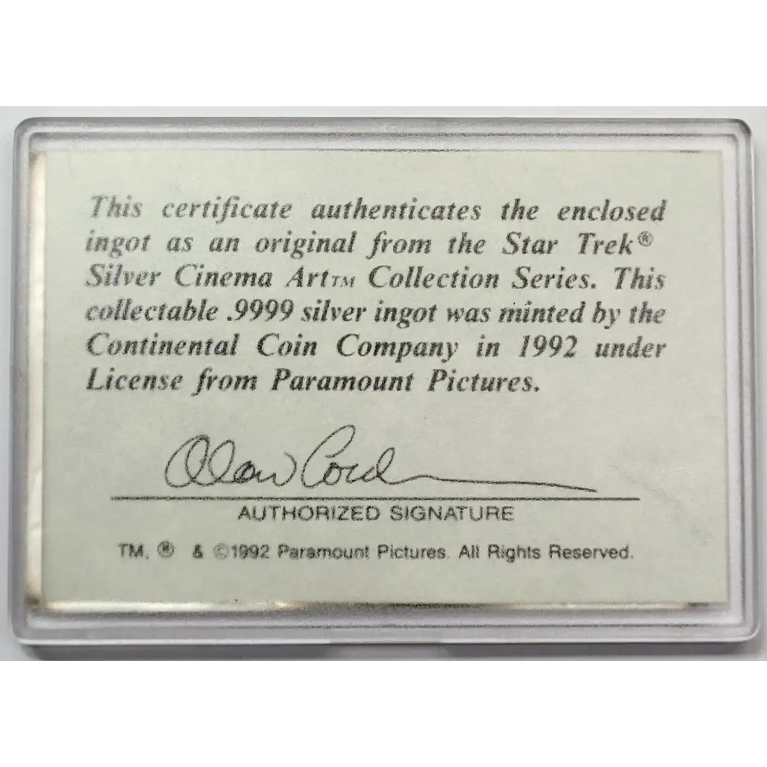 1992 1 oz Silver Bar Star Trek Cinema Art Collection Series - Old