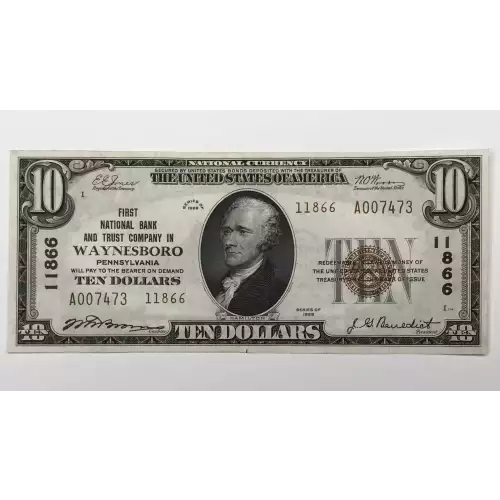 $10 1929 small brown seal. Small National Bank Notes 1801-2