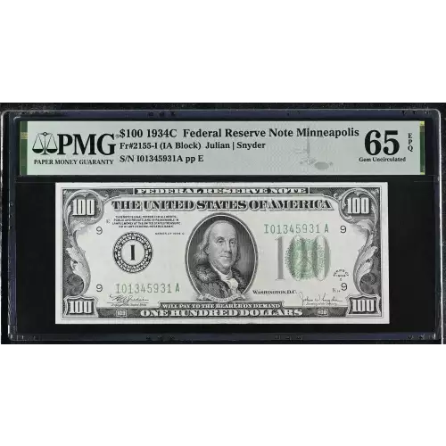 $100 1934-C.  Small Size $100 Federal Reserve Notes 2155-I