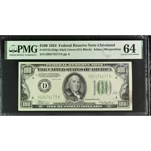 $100 1934 light Green seal. Small Size $100 Federal Reserve Notes 2152-D