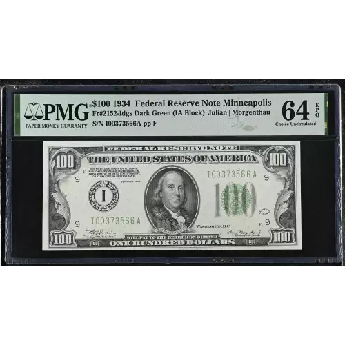 $100 1934 light Green seal. Small Size $100 Federal Reserve Notes 2152-I