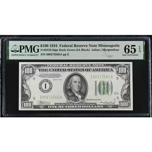 $100 1934 light Green seal. Small Size $100 Federal Reserve Notes 2152-I
