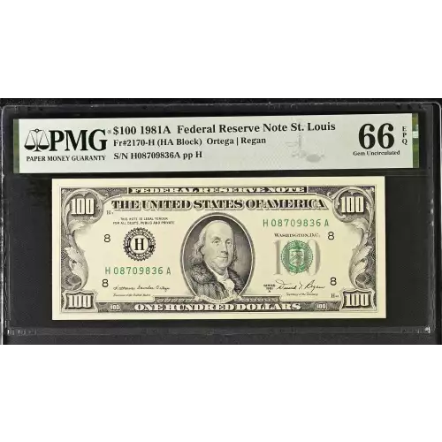 $100 1981-A.  Small Size $100 Federal Reserve Notes 2170-H