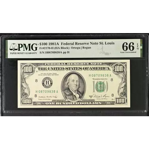 $100 1981-A.  Small Size $100 Federal Reserve Notes 2170-H