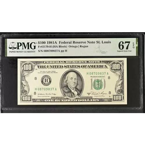 $100 1981-A.  Small Size $100 Federal Reserve Notes 2170-H