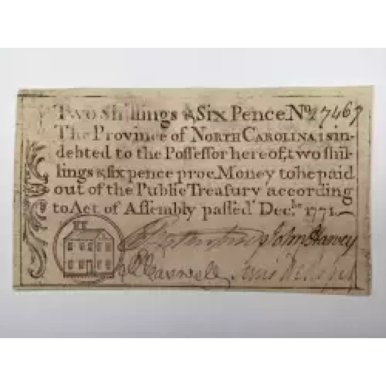 1771 NORTH CAROLINA 2S6P – TWO SHILLINGS SIX PENCE COLONIAL CURRENCY NOTE