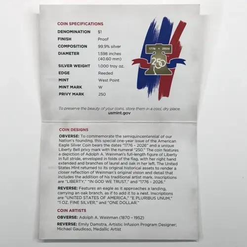 1776-2026-W Liberty Bell 250 Privy Mark Proof Silver Eagle w OGP - Box & COA (2)