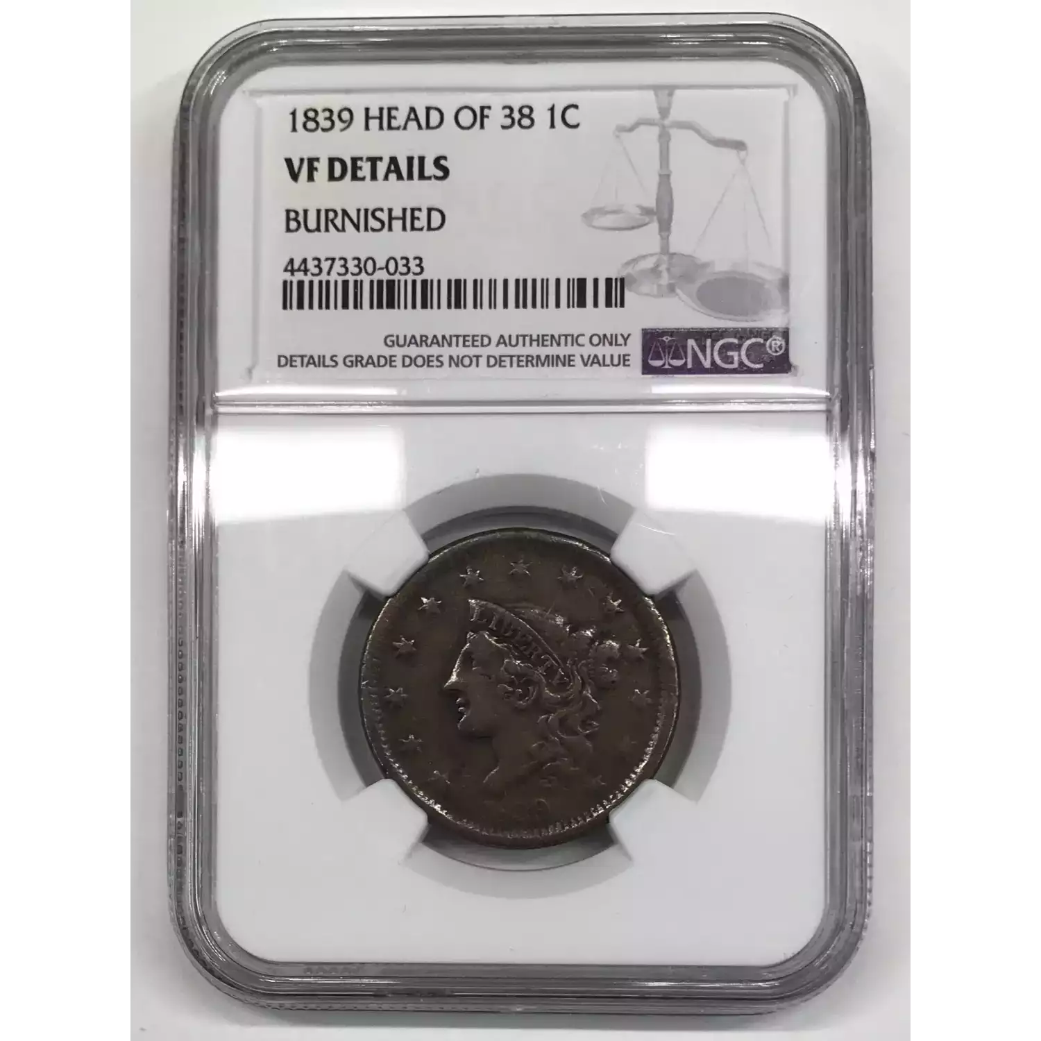 1839 Coronet Head Large Cent NGC VF-Details BN HEAD OF 38 - Old Pueblo Coin