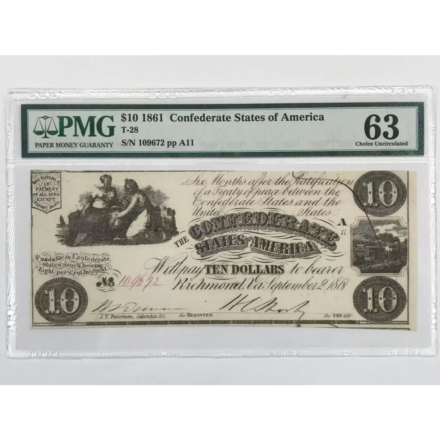 1861 $10 Confederate States T-28 PMG Choice Uncirculated 63