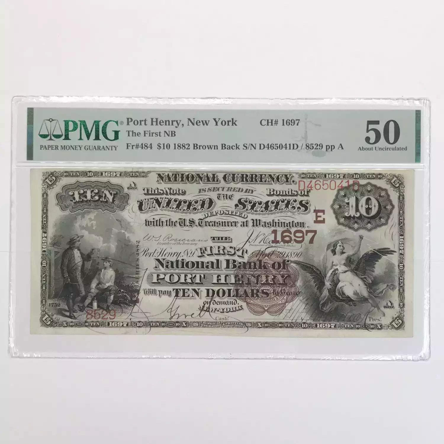1882 BROWN BACK $10 FR 484 PORT HENRY, NY NATIONAL BANK NOTE CH#1697 PMG AU50