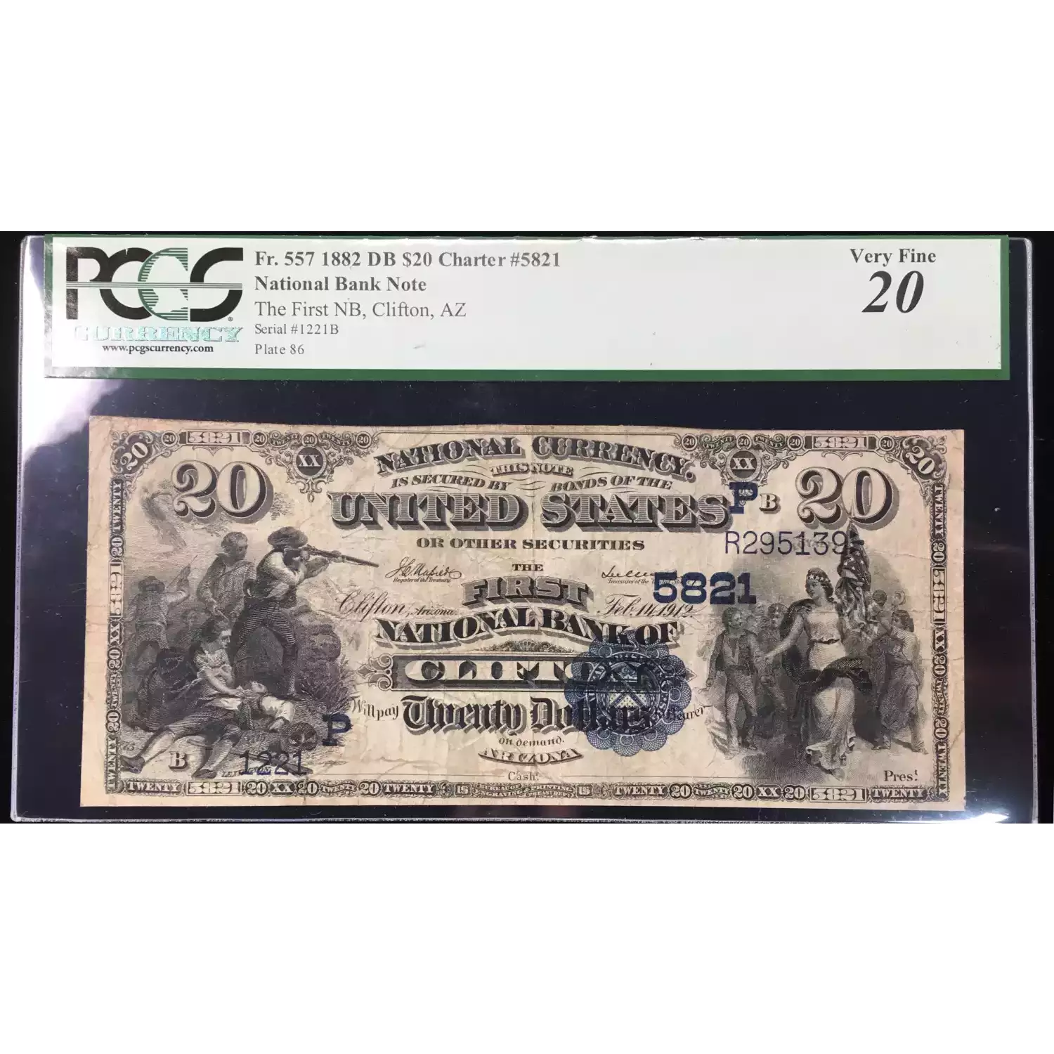 1882 DATE BACK $20 CLIFTON, AZ NATIONAL BANK NOTE #5821 – PCGS CURRENCY VERY FINE 20, small edge repairs