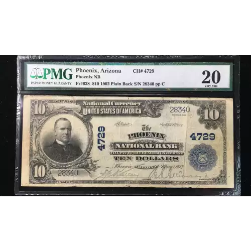 1902 PLAIN BACK $10 PHOENIX, AZ NATIONAL BANK NOTE CH#4729 – PMG VERY FINE 20, minor repairs