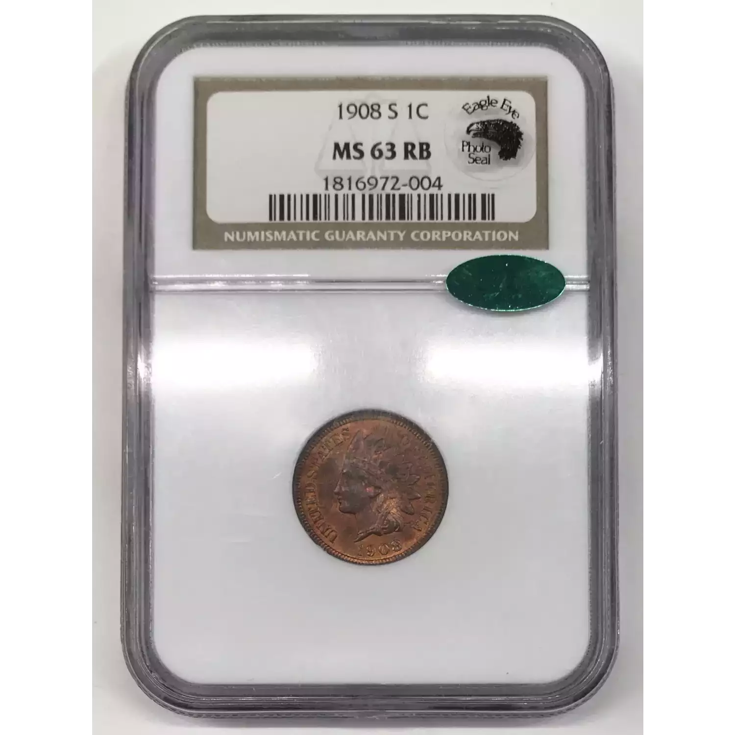 1908-S Indian Head Cent NGC MS-63 RB Eagle Eye Photo Seal CAC