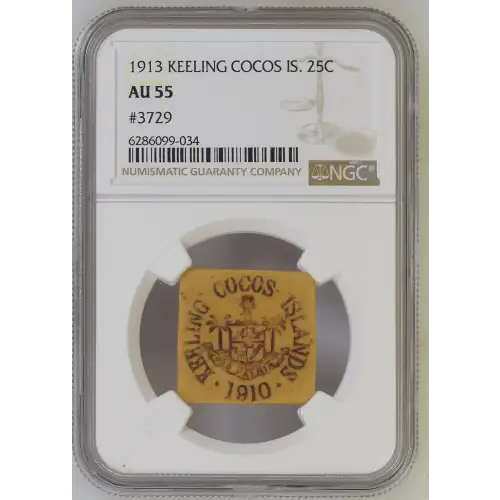 1913 KEELING COCOS ISLAND 25 CENTS NGC AU-55