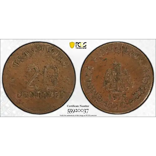 1915 Chiconcuautla, Puebla Mexico Revolutionary Copper 20 Centavos PCGS AU-55