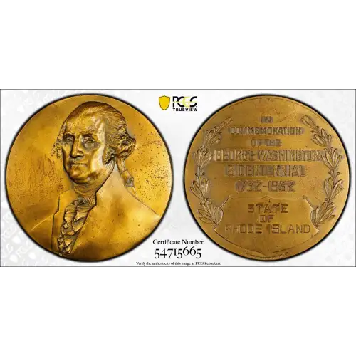 1932 Medal Baker-922, Brass, Rhode Island George Washington Bicentennial