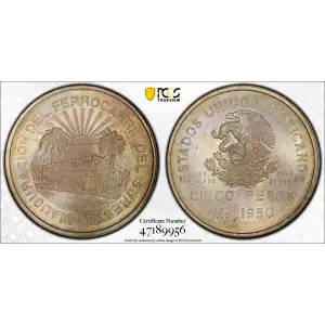 1950-Mo 5 Peso Southeastern Railroad KM-466  Ag