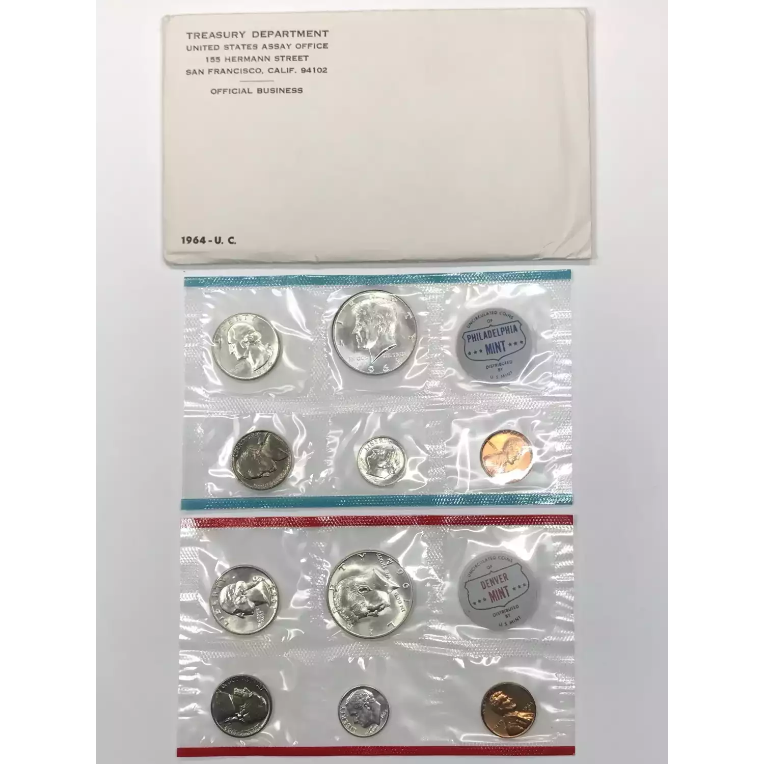 1964 US Mint 10-Coin P&D Uncirculated Set w OGP Envelope - Silver