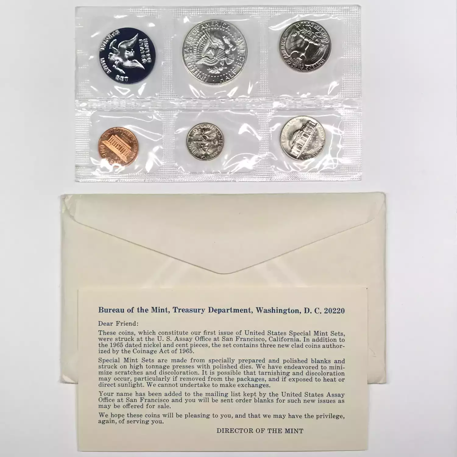 1965 Special Mint Set SMS w US Mint OGP Envelope -40% Silver Kennedy Half Dollar
