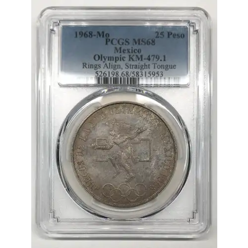 1968-Mo 25 Peso Olympic KM-479.1 Rings Align, Straight Tongue