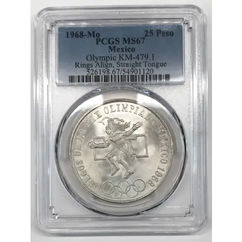 1968-Mo 25 Peso Olympic KM-479.1 Rings Align, Straight Tongue