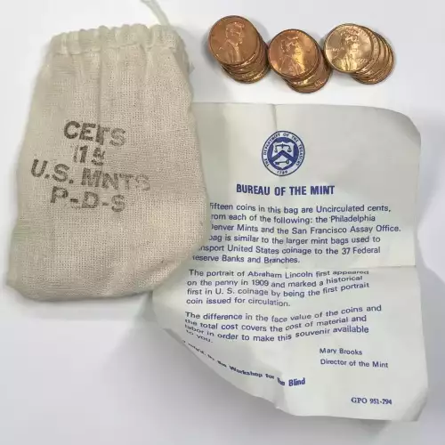 1973 PDS 15 Cents - Lincoln Cents w US Mint Bag & COA - Workshop for the Blind