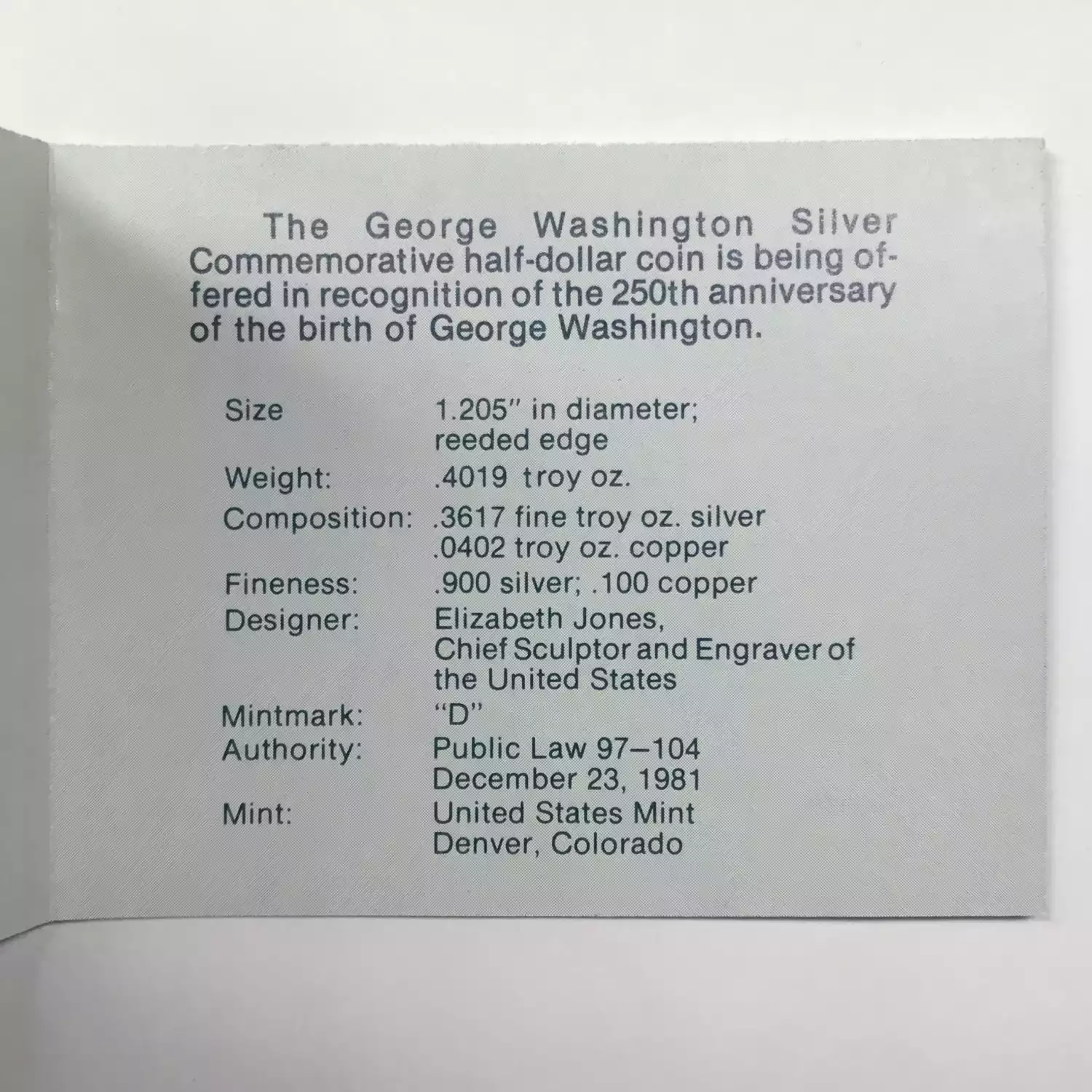 1982-D Silver George Washington 250th Ann. Uncirculated Half Dollar w Box & COA (3)