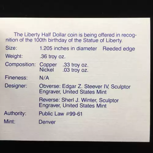 1986-D Statue of Liberty Uncirculated Clad Half Dollar w US Mint OGP - Box & COA
