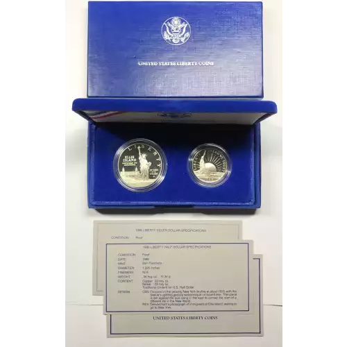 1986 Statue of Liberty - Two Coin Set - Proof Silver Dollar, Clad Half Dollar - Box & COA