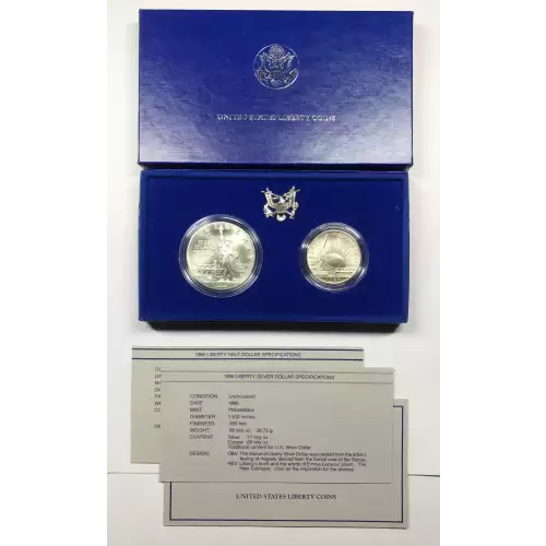 1986 Statue of Liberty - Two Coin Set - Uncirculated Silver Dollar, Clad Half Dollar - Box & COA (7)