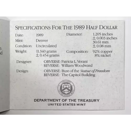 1989-D Congress Bicentennial Uncirculated Clad Half Dollar w US Mint OGP & COA  (5)