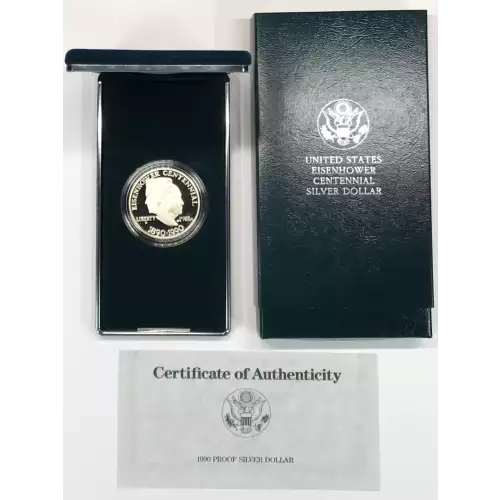 1990-P Eisenhower Centennial Proof Silver Dollar w US Mint OGP - Box & COA