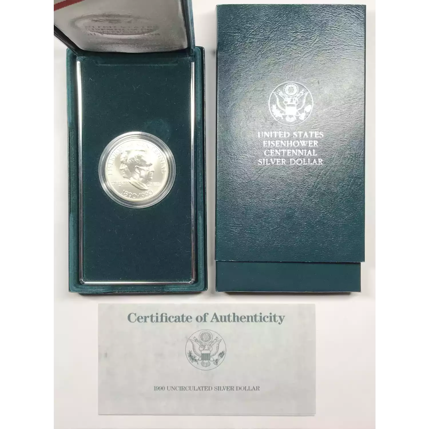 1990-W Eisenhower Centennial Uncirculated Silver Dollar w US Mint OGP Box & COA