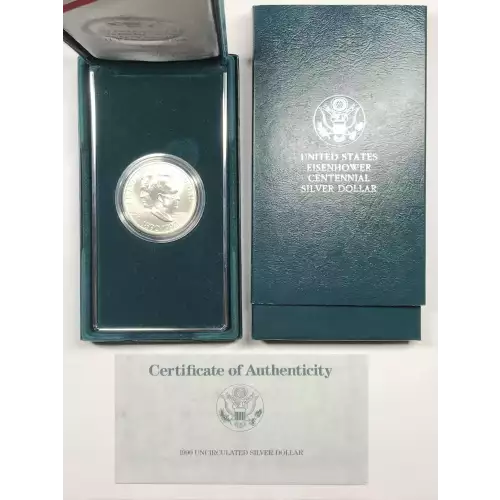 1990-W Eisenhower Centennial Uncirculated Silver Dollar w US Mint OGP Box & COA