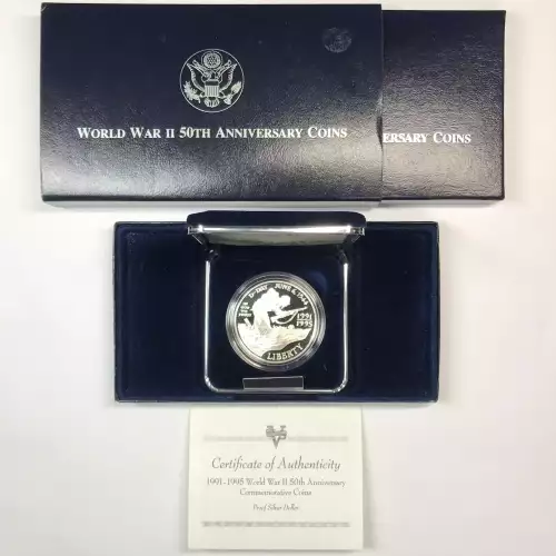 1991-1995-W World War II 50th Anniversary Proof Silver Dollar US Mint Box & COA