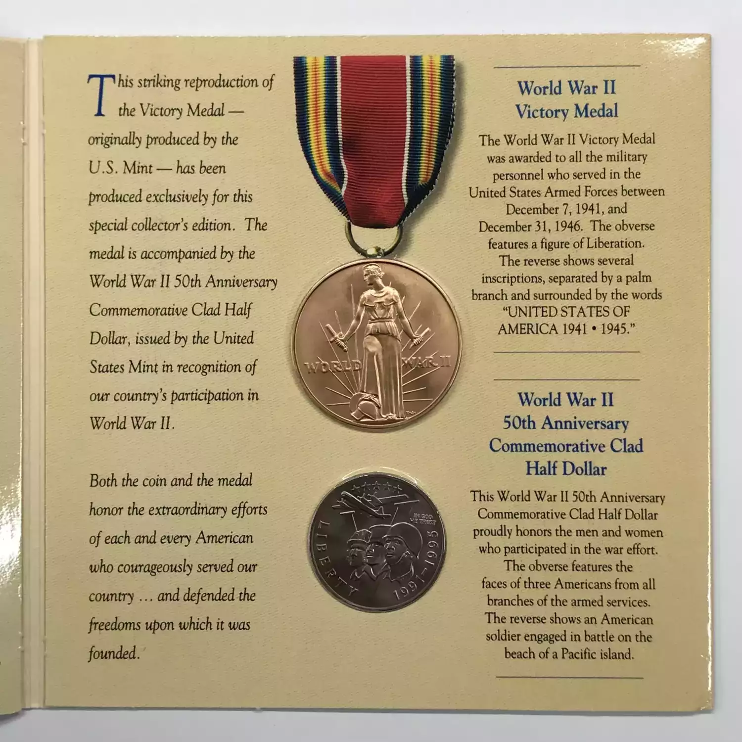 1991-1995 World War II Coin & Victory Medal Set - Uncirculated Clad Half Dollar (2)