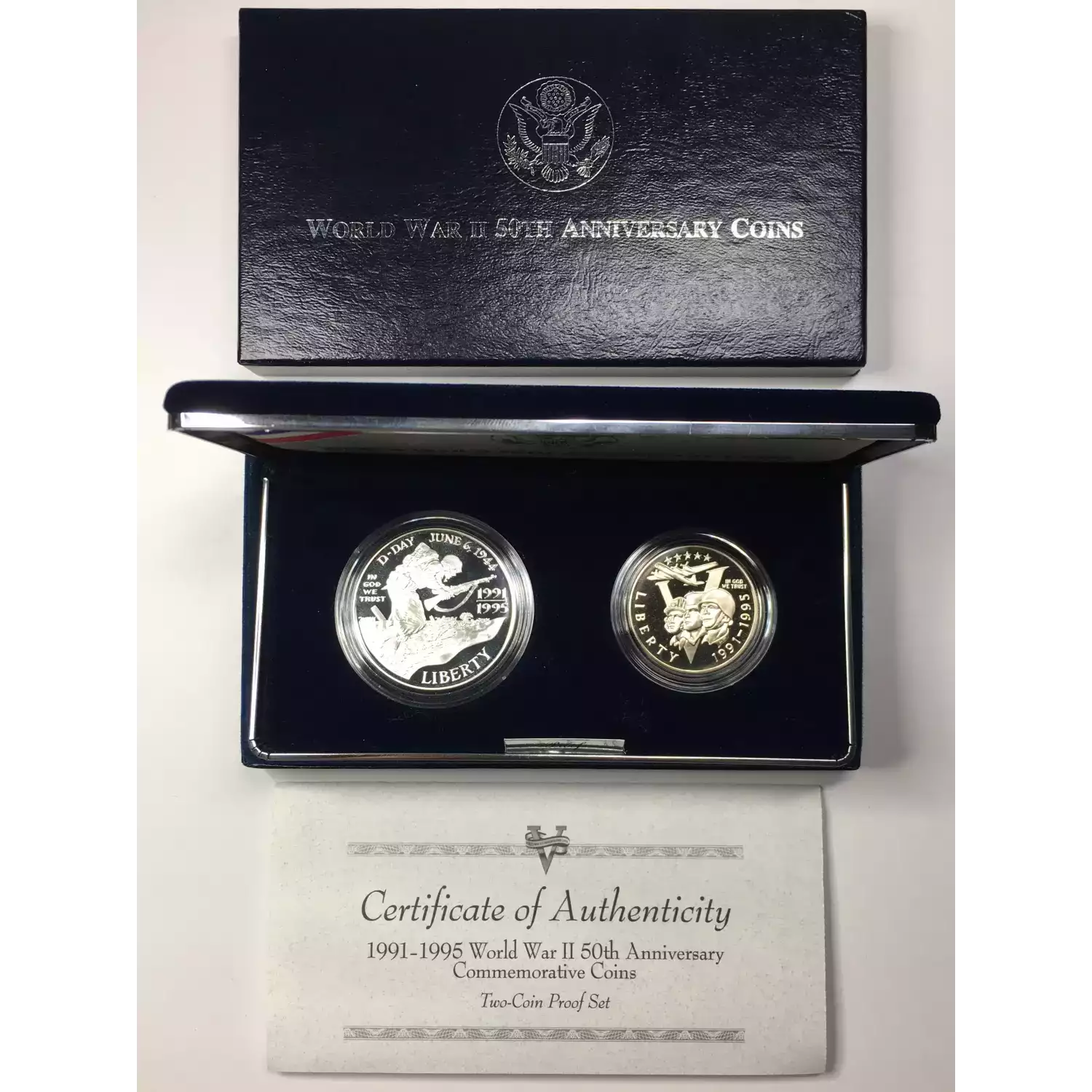 1991-1995 World War II - Two Coin Set - Proof Half Dollar & Silver Dollar - Box & COA (3)