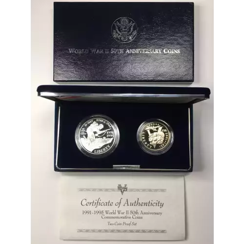 1991-1995 World War II - Two Coin Set - Proof Half Dollar & Silver Dollar - Box & COA (3)