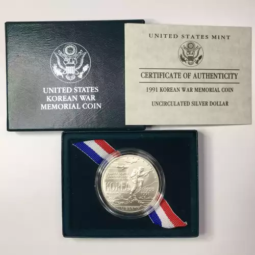 1991-D Korean War Memorial Uncirculated Silver Dollar w US Mint OGP - Box & COA