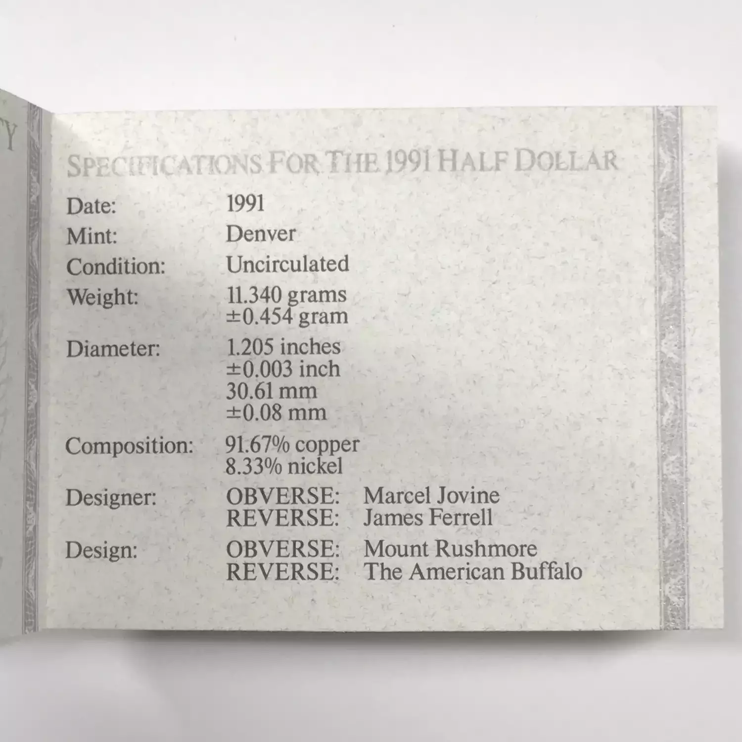 1991-D Mount Rushmore Uncirculated Clad Half Dollar w US Mint OGP - Box & COA (5)
