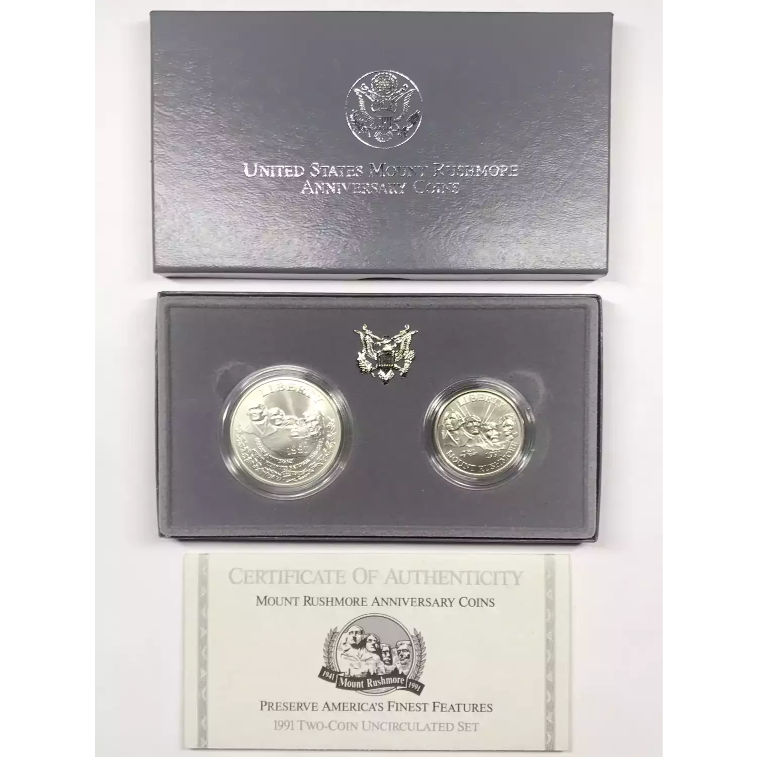 1991 Mount Rushmore Two-Coin Uncirculated Set w US Mint OGP - Box & COA