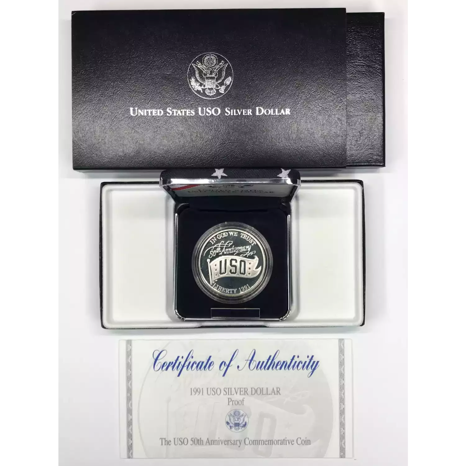 1991-S USO United Service Organizations Proof Silver Dollar w US Mint Box & COA (6)