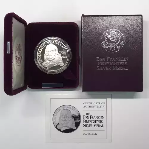 1992 Ben Franklin Firefighters 1 oz Proof Silver Medal w US Mint OGP Box & COA