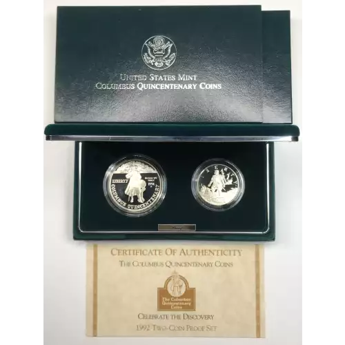 1992 Columbus Quincentenary Two-Coin Proof Set Silver Dollar & Half US Mint OGP