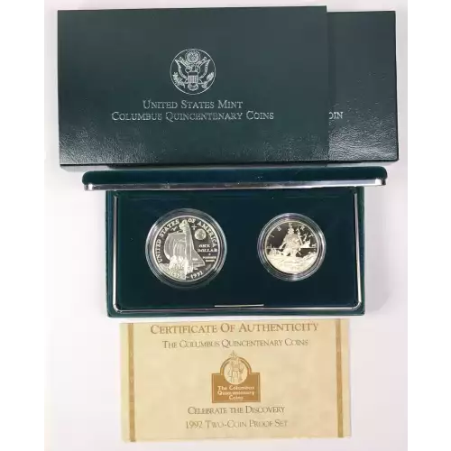 1992 Columbus Quincentenary Two-Coin Proof Set Silver Dollar & Half US Mint OGP