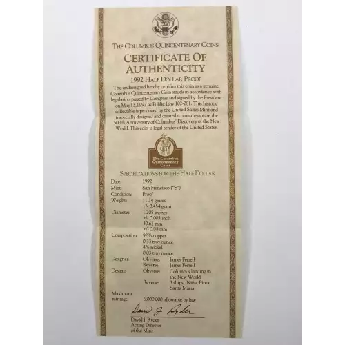 1992-P Christopher Columbus Quincentenary Proof Half Dollar w US Mint Box COA (4)